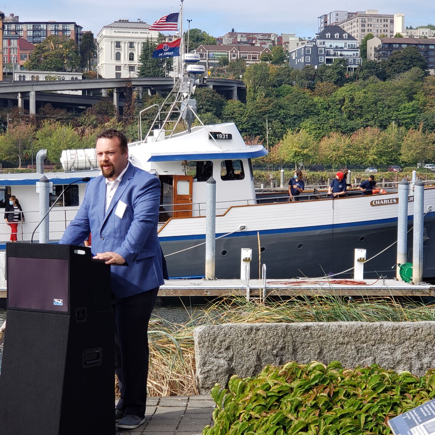 Finland’s ambassador to the U.S., Mikko Hautala, speaks to the gathering on his country’s interest in working with the state and Port of Tacoma. Photo by John Stearns.